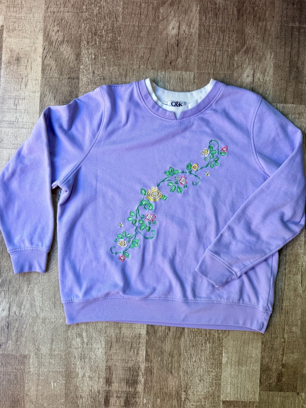 Vintage C&K Lavender Purple Sweatshirt Floral Embroidery Double Collar